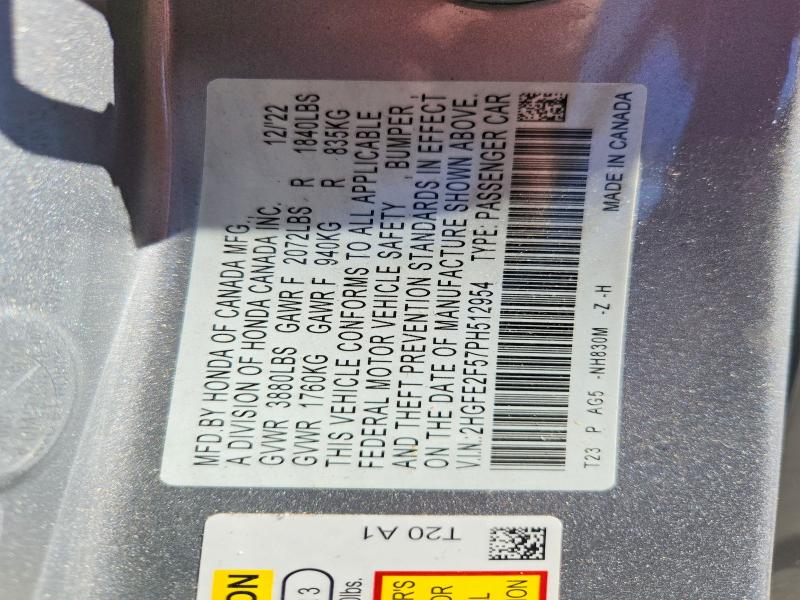 Aukcja sprzedaży 2023 Honda Civic, vin: 2HGFE2F57PH512954, numer aukcji: 69179606