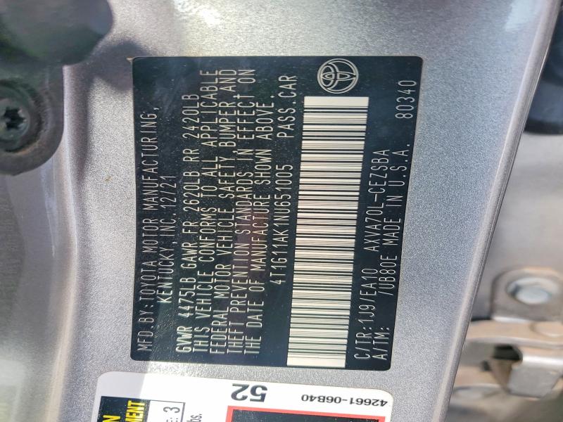 Продажа на аукционе авто 2022 Toyota Camry, vin: 4T1G11AK1NU651005, номер лота: 67731806