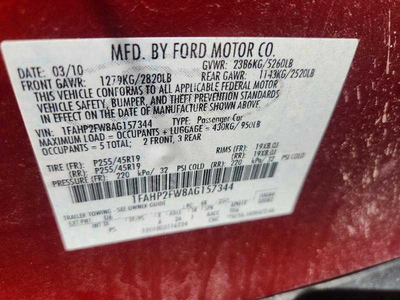 2010 Ford Taurus მანქანა იყიდება აუქციონზე, vin: 1FAHP2FW8AG157344, აუქციონის ნომერი: 69553526