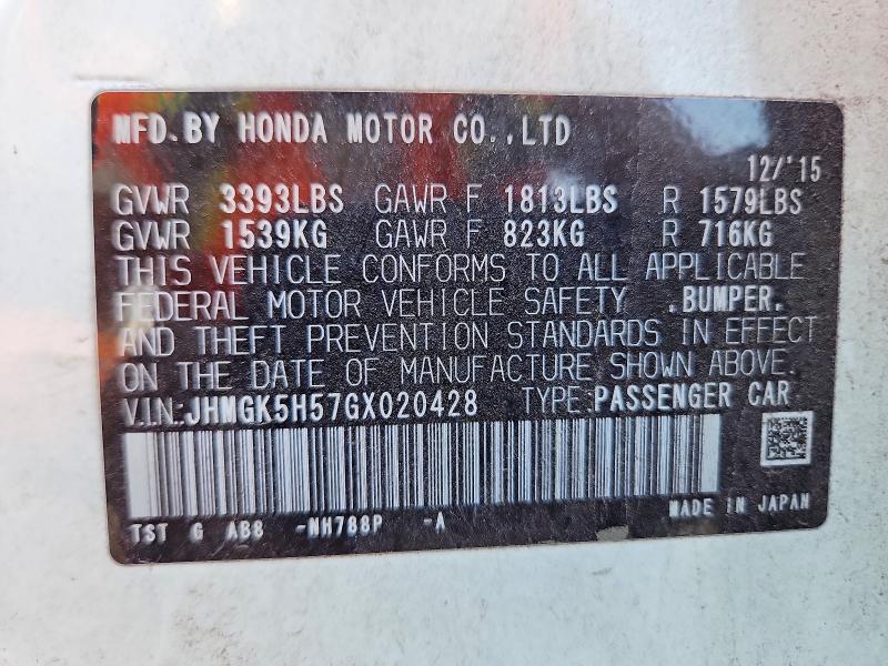 Aukcja sprzedaży 2016 Honda Fit, vin: JHMGK5H57GX020428, numer aukcji: 69587606