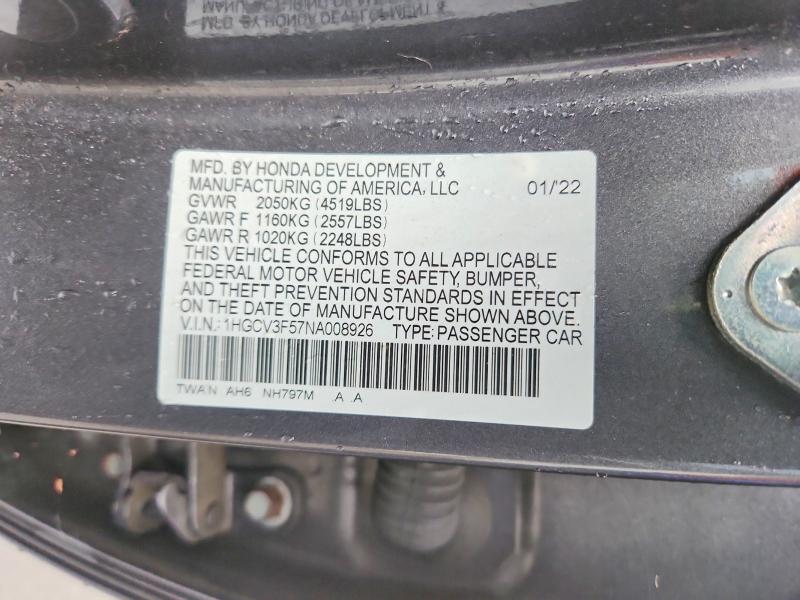 2022 Honda Accord მანქანა იყიდება აუქციონზე, vin: 1HGCV3F57NA008926, აუქციონის ნომერი: 70500006