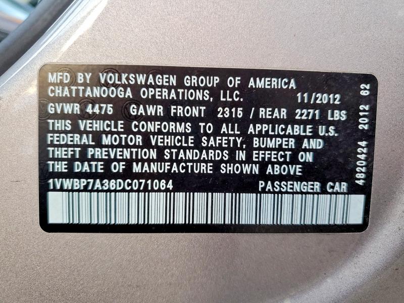 Продаж на аукціоні авто 2013 Volkswagen Passat, vin: 1VWBP7A36DC071064, номер лоту: 70180906