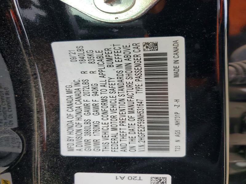 Продаж на аукціоні авто 2022 Honda Civic, vin: 2HGFE2F59NH531647, номер лоту: 68345926