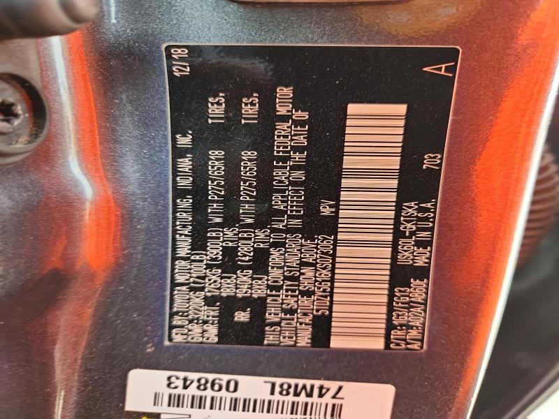 Auction sale of the 2019 Toyota Sequoia, vin: 5TDZY5G16KS073062, lot number: 67521566