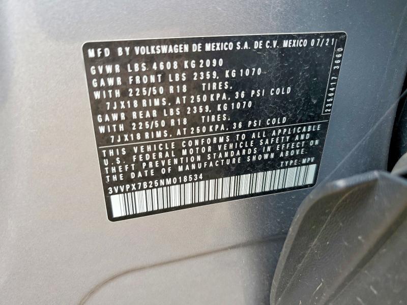 67656116 :رقم المزاد ، 3VVPX7B25NM018534 vin ، 2022 Volkswagen Taos مزاد بيع