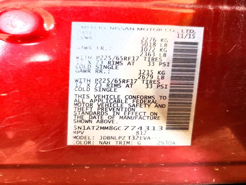 2016 Nissan Rogue მანქანა იყიდება აუქციონზე, vin: 5N1AT2MM8GC774313, აუქციონის ნომერი: 68041086