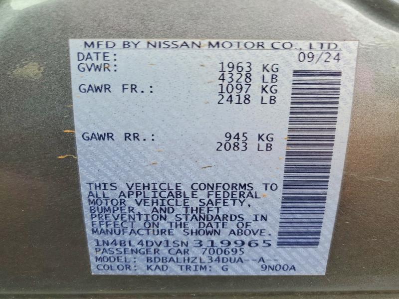 2025 Nissan Altima მანქანა იყიდება აუქციონზე, vin: 1N4BL4DV1SN319965, აუქციონის ნომერი: 69451226