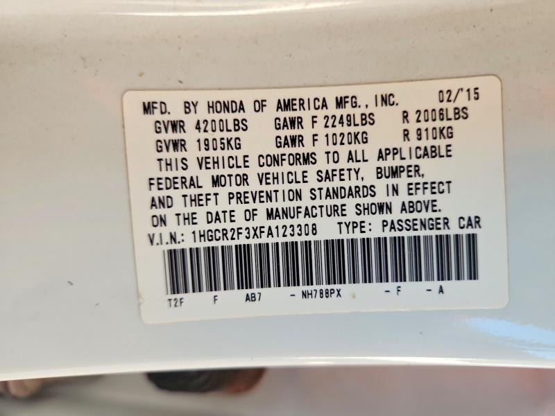 2015 Honda Accord მანქანა იყიდება აუქციონზე, vin: 1HGCR2F3XFA123308, აუქციონის ნომერი: 69358186