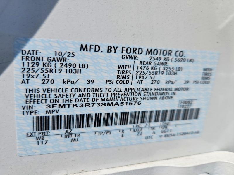 2025 Ford Mustang Mach-e მანქანა იყიდება აუქციონზე, vin: 3FMTK3R73SMA51576, აუქციონის ნომერი: 68894326