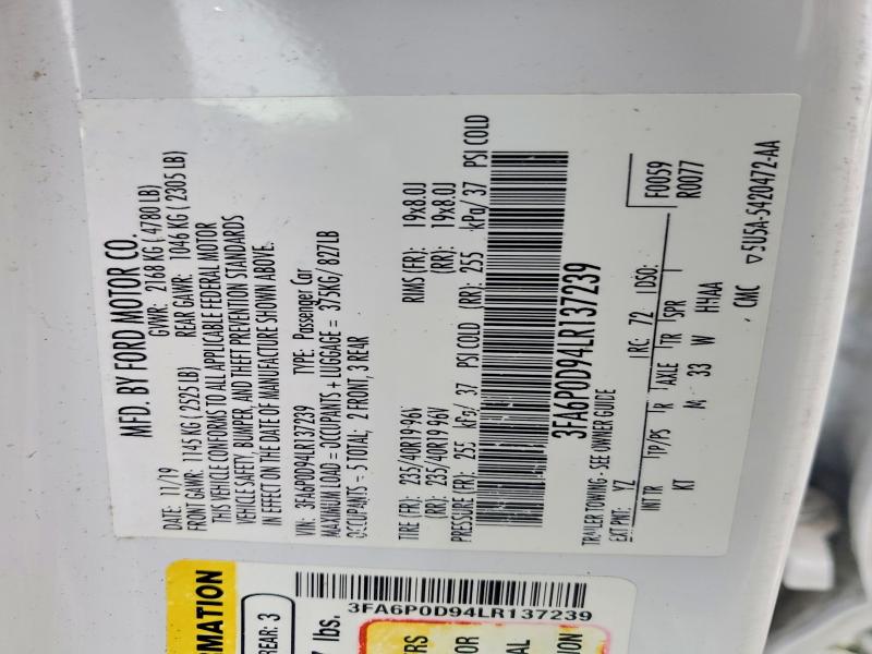 Продаж на аукціоні авто 2020 Ford Fusion, vin: 3FA6P0D94LR137239, номер лоту: 70041086