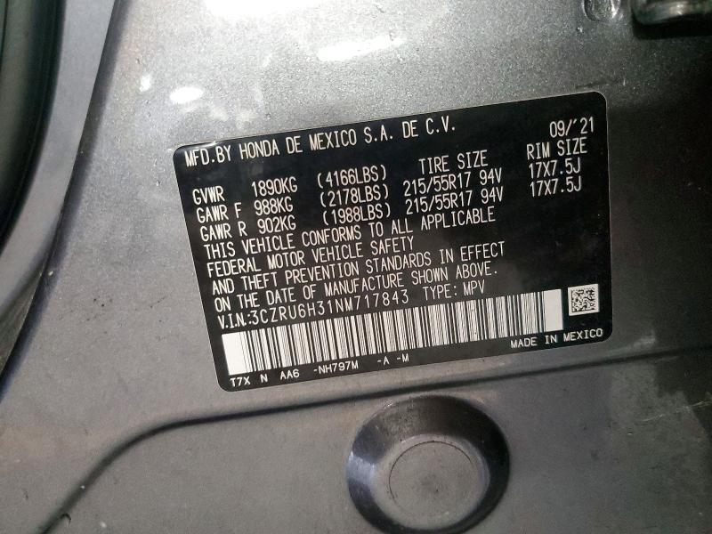 2022 Honda Hr-v მანქანა იყიდება აუქციონზე, vin: 3CZRU6H31NM717843, აუქციონის ნომერი: 71284426