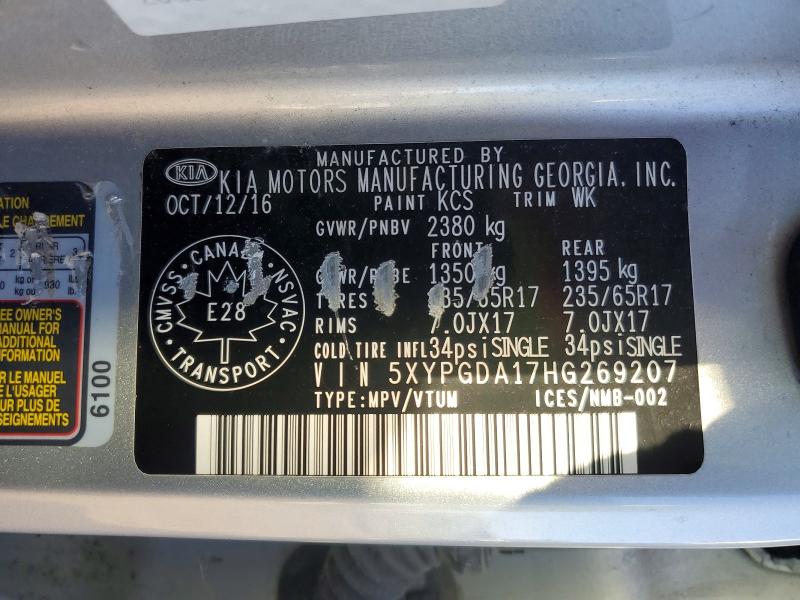 65574306 :رقم المزاد ، 5XYPGDA17HG269207 vin ، 2017 Kia Sorento مزاد بيع