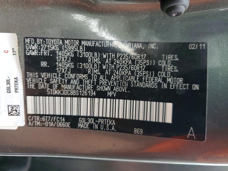 Aukcja sprzedaży 2011 Toyota Sienna, vin: 5TDKK3DC8BS126194, numer aukcji: 70523046