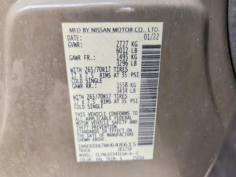 69637106 :رقم المزاد ، 1N6ED1EK7NN648615 vin ، 2022 Nissan Frontier مزاد بيع
