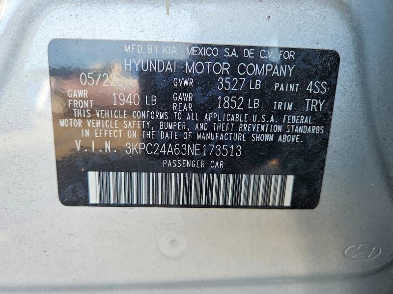 Продажа на аукционе авто 2022 Hyundai Accent, vin: 3KPC24A63NE173513, номер лота: 70528696