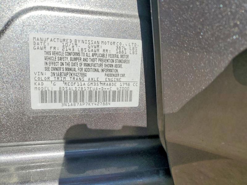 2019 Nissan Sentra მანქანა იყიდება აუქციონზე, vin: 3N1AB7AP7KY427884, აუქციონის ნომერი: 69077096