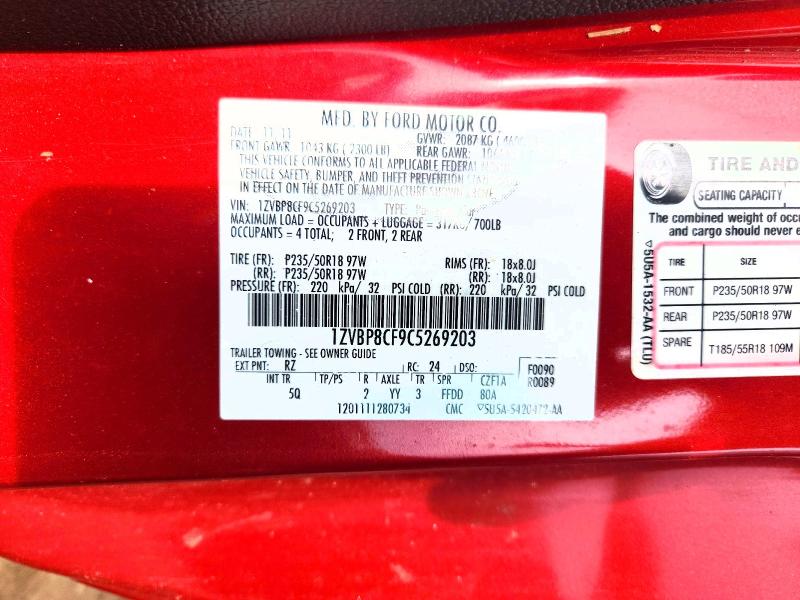 70112296 :رقم المزاد ، 1ZVBP8CF9C5269203 vin ، 2012 Ford Mustang مزاد بيع