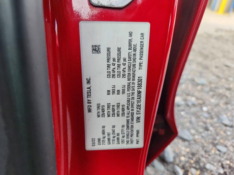 2022 Tesla Model 3 მანქანა იყიდება აუქციონზე, vin: 5YJ3E1EAXNF188301, აუქციონის ნომერი: 70298726