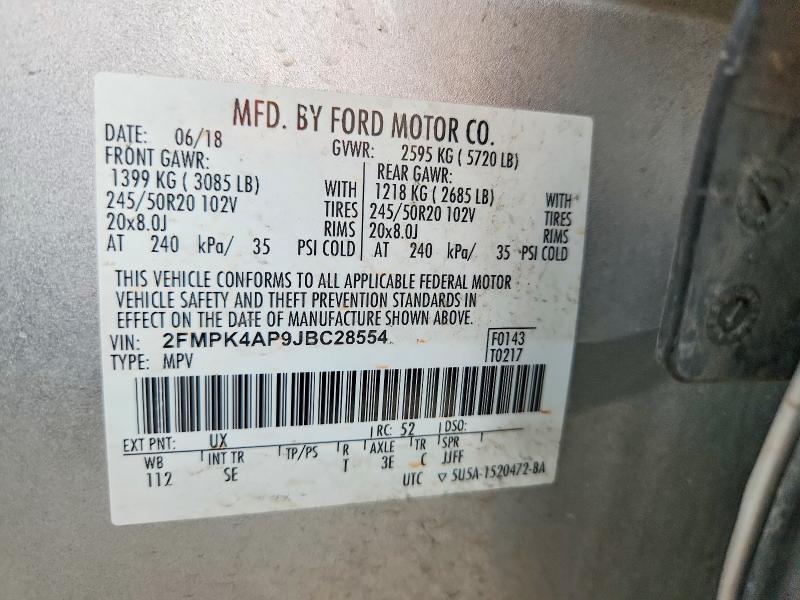 66891626 :رقم المزاد ، 2FMPK4AP9JBC28554 vin ، 2018 Ford Edge مزاد بيع