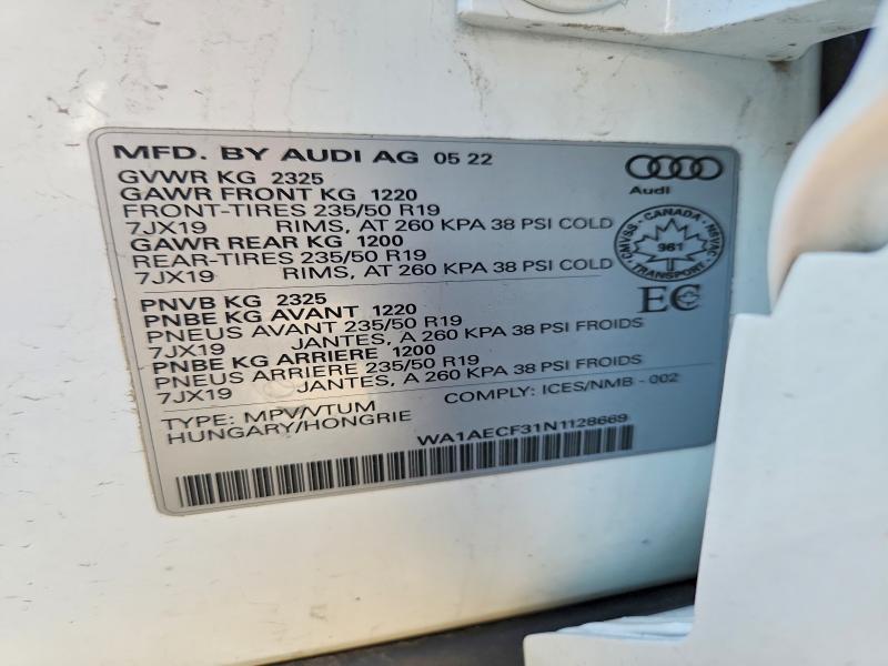 Продажа на аукционе авто 2022 Audi Q3, vin: WA1AECF31N1128669, номер лота: 69120926