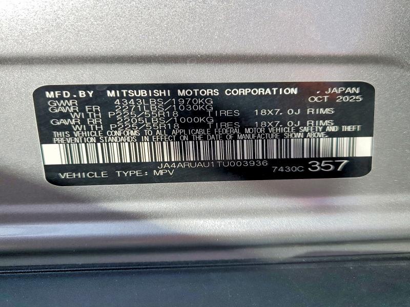 2026 Mitsubishi Outlander Sport მანქანა იყიდება აუქციონზე, vin: JA4ARUAU1TU003936, აუქციონის ნომერი: 68856326