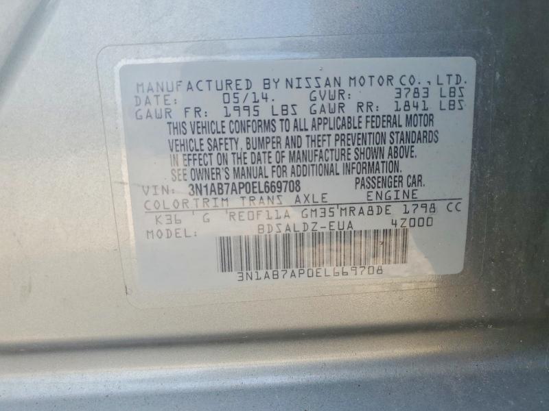 2014 Nissan Sentra მანქანა იყიდება აუქციონზე, vin: 3N1AB7AP0EL669708, აუქციონის ნომერი: 67473026