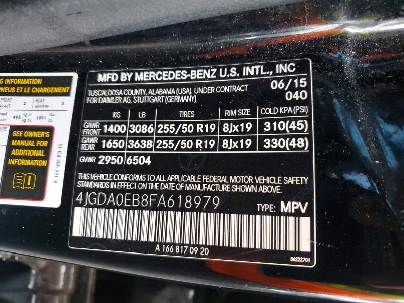 2015 Mercedes-benz Ml მანქანა იყიდება აუქციონზე, vin: 4JGDA0EB8FA618979, აუქციონის ნომერი: 66353826