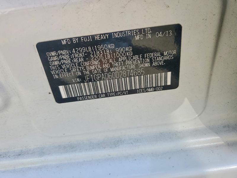 67641856 :رقم المزاد ، JF1GPAD60D2874685 vin ، 2013 Subaru Impreza مزاد بيع
