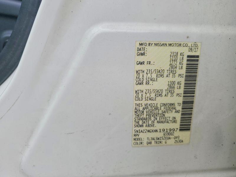 2017 Nissan Murano მანქანა იყიდება აუქციონზე, vin: 5N1AZ2MGXHN191997, აუქციონის ნომერი: 68932856