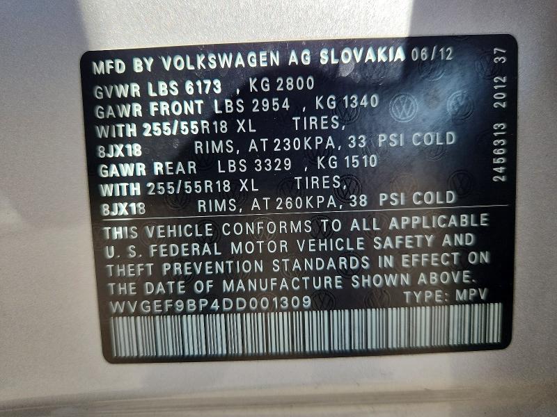 66477566 :رقم المزاد ، WVGEF9BP4DD001309 vin ، 2013 Volkswagen Touareg مزاد بيع