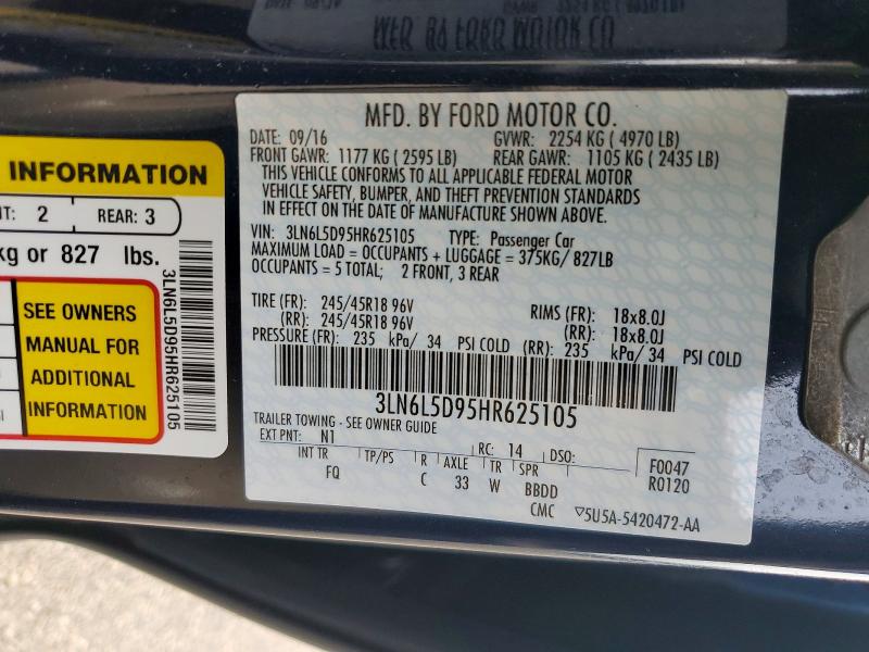 2017 Lincoln Mkz მანქანა იყიდება აუქციონზე, vin: 3LN6L5D95HR625105, აუქციონის ნომერი: 68430296