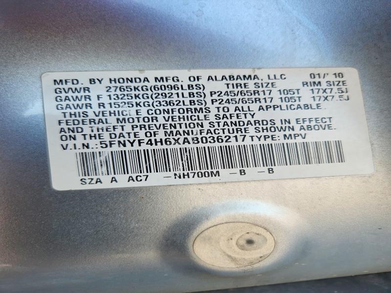 2010 Honda Pilot მანქანა იყიდება აუქციონზე, vin: 5FNYF4H6XAB036217, აუქციონის ნომერი: 67017706