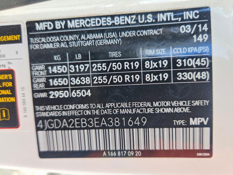 Продаж на аукціоні авто 2014 Mercedes-benz Ml, vin: 4JGDA2EB3EA381649, номер лоту: 69031376