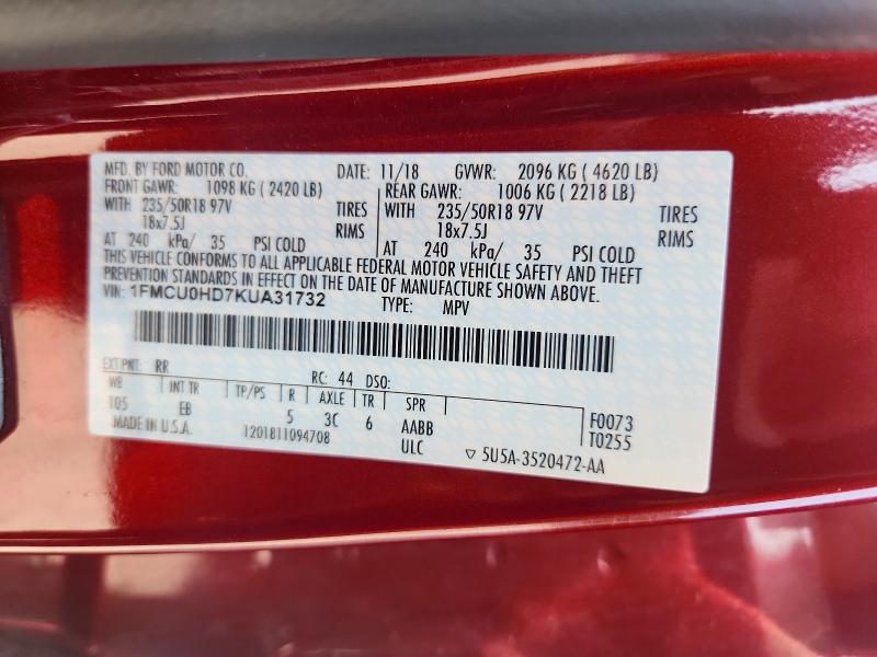 2019 Ford Escape მანქანა იყიდება აუქციონზე, vin: 1FMCU0HD7KUA31732, აუქციონის ნომერი: 67335026