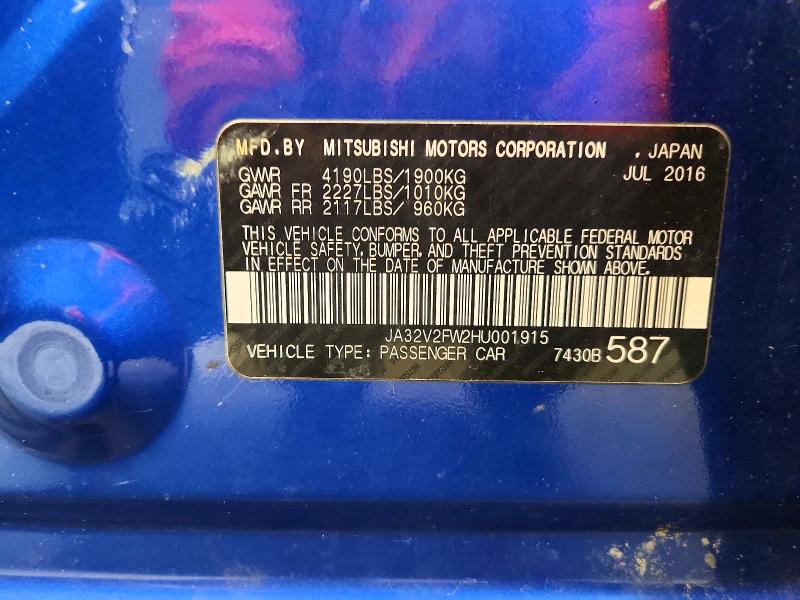 2017 Mitsubishi Lancer მანქანა იყიდება აუქციონზე, vin: JA32V2FW2HU001915, აუქციონის ნომერი: 70781636