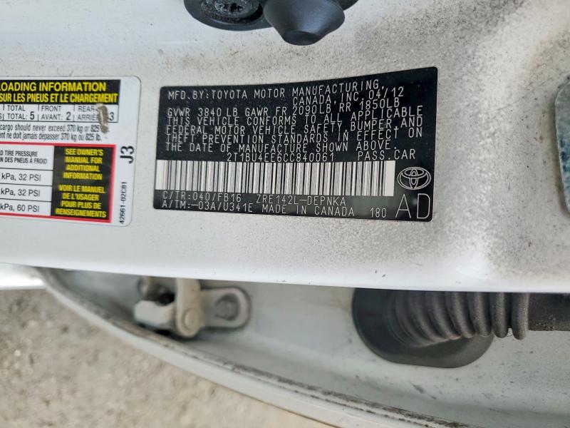Продаж на аукціоні авто 2012 Toyota Corolla, vin: 2T1BU4EE6CC840061, номер лоту: 69060056