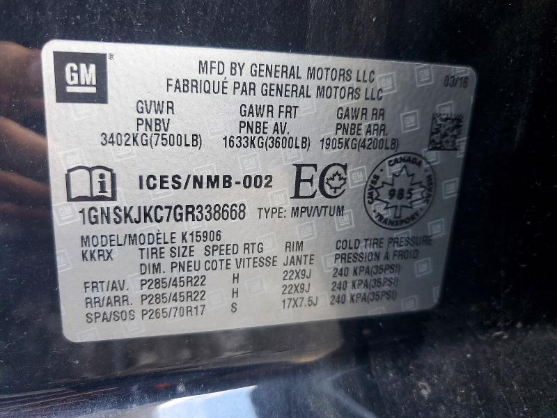 2016 Chevrolet Suburban მანქანა იყიდება აუქციონზე, vin: 1GNSKJKC7GR338668, აუქციონის ნომერი: 68546966