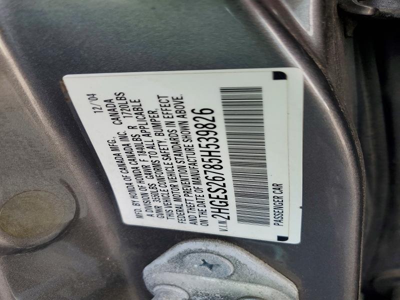 Продаж на аукціоні авто 2005 Honda Civic, vin: 2HGES26785H539826, номер лоту: 68852876
