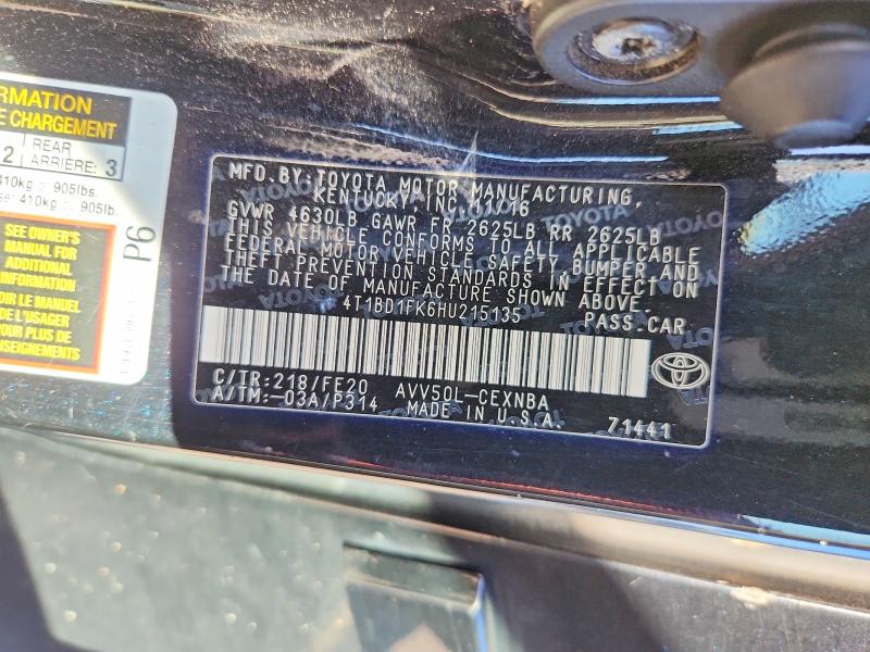 Auction sale of the 2017 Toyota Camry Hybrid, vin: 4T1BD1FK6HU215135, lot number: 69083616