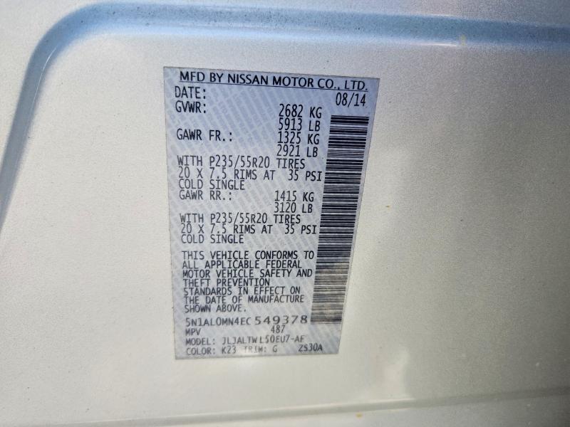 2014 Infiniti Qx60 მანქანა იყიდება აუქციონზე, vin: 5N1AL0MN4EC549378, აუქციონის ნომერი: 68018226