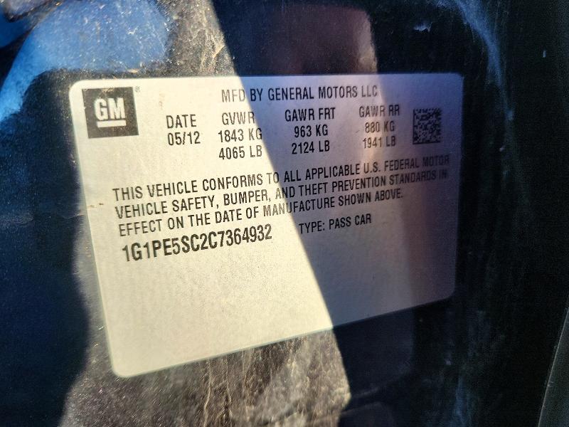 70595386 :رقم المزاد ، 1G1PE5SC2C7364932 vin ، 2012 Chevrolet Cruze مزاد بيع