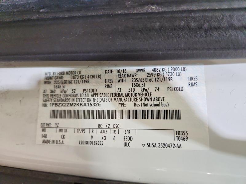 69570416 :رقم المزاد ، 1FBZX2ZM2KKA15325 vin ، 2019 Ford Transit مزاد بيع