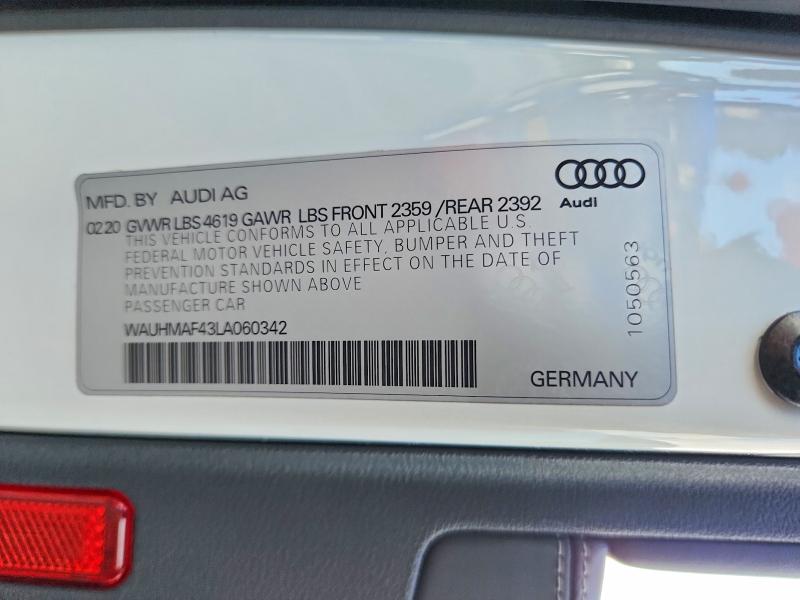 2020 Audi A4 მანქანა იყიდება აუქციონზე, vin: WAUHMAF43LA060342, აუქციონის ნომერი: 68717416