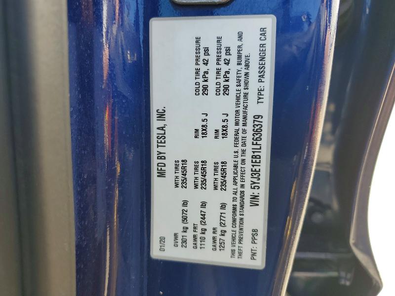 67911566 :رقم المزاد ، 5YJ3E1EB1LF636379 vin ، 2020 Tesla Model 3 مزاد بيع