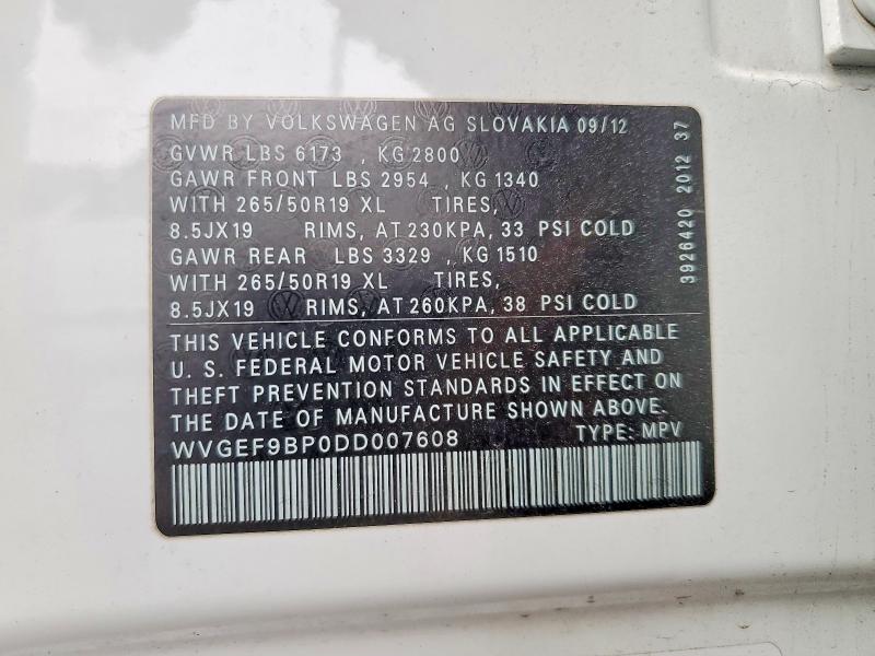 69376846 :رقم المزاد ، WVGEF9BP0DD007608 vin ، 2013 Volkswagen Touareg مزاد بيع