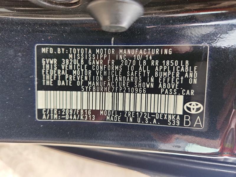 2015 Toyota Corolla მანქანა იყიდება აუქციონზე, vin: 5YFBURHE7FP210966, აუქციონის ნომერი: 67675166
