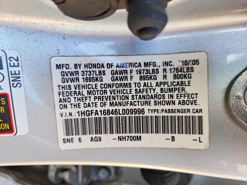 68579796 :رقم المزاد ، 1HGFA16846L009996 vin ، 2006 Honda Civic مزاد بيع