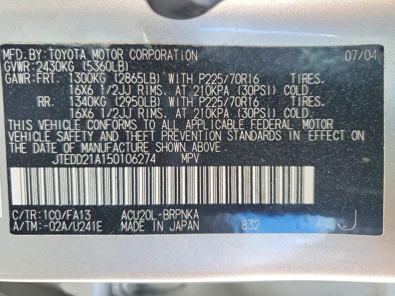 Aukcja sprzedaży 2005 Toyota Highlander, vin: JTEDD21A150106274, numer aukcji: 67616136