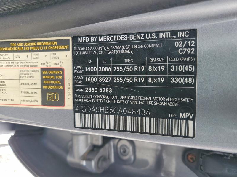 2012 Mercedes-benz Ml მანქანა იყიდება აუქციონზე, vin: 4JGDA5HB6CA048436, აუქციონის ნომერი: 67309166