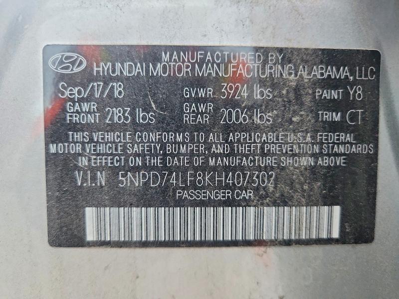 Продаж на аукціоні авто 2019 Hyundai Elantra, vin: 5NPD74LF8KH407302, номер лоту: 67508256